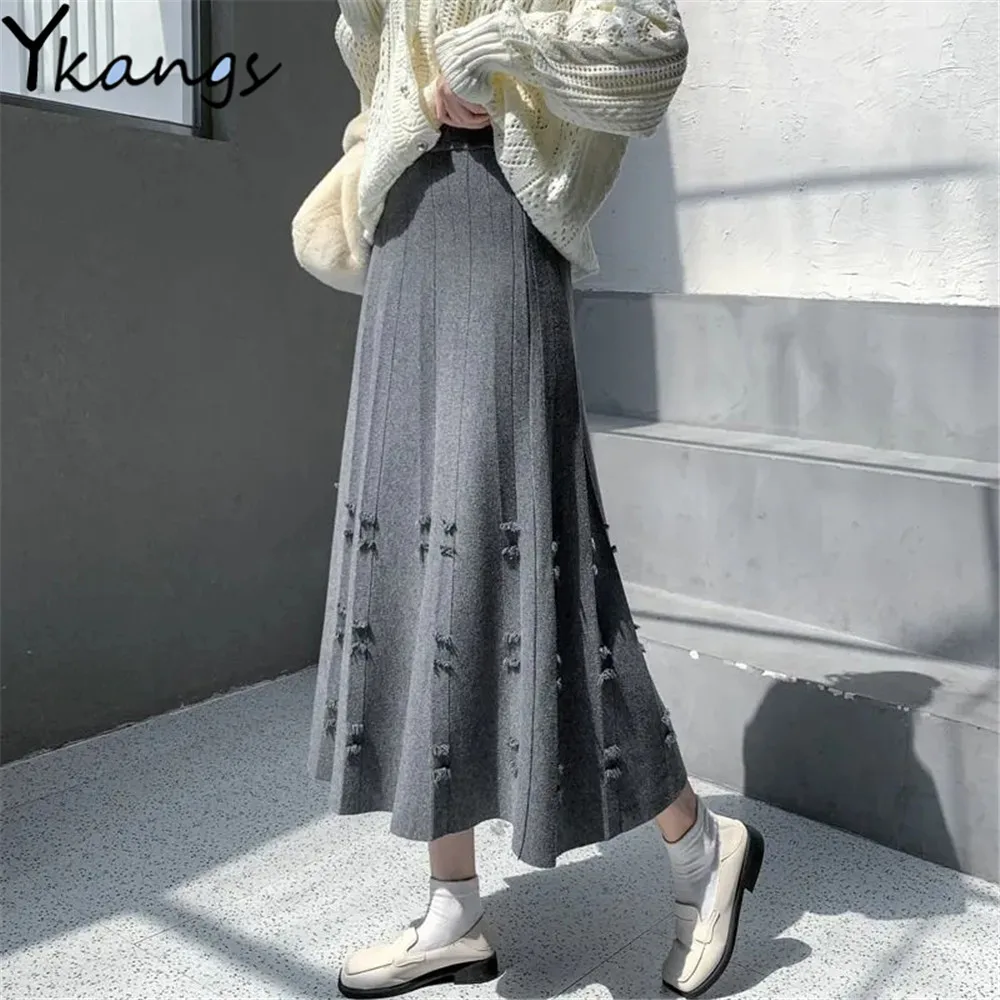 

Warm Knitted Long Skirt Women Black Autumn High Waist Pleated Skirt Winter Korean White Grey Tweed Hole Tassel Thick Midi Skirt