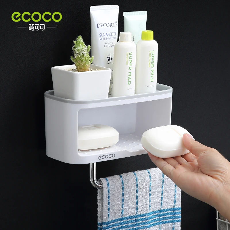 ECOCO Bathroom Shelf Wall Mounted Toilet Soap Dish Bath Shower Set Shampoo Holder Towel Bar Punch Free Hanger Accessories Basket