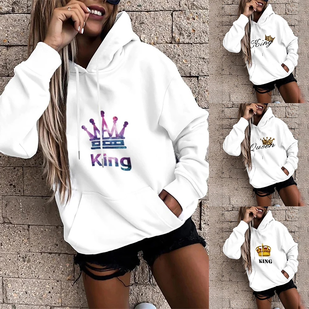 New Hoodies Sweatshirt Womens Crown Pattern Long Sleeve Version Sweatshirt Autumn Winter Warm Streetwear Hooded Womens Hoodies