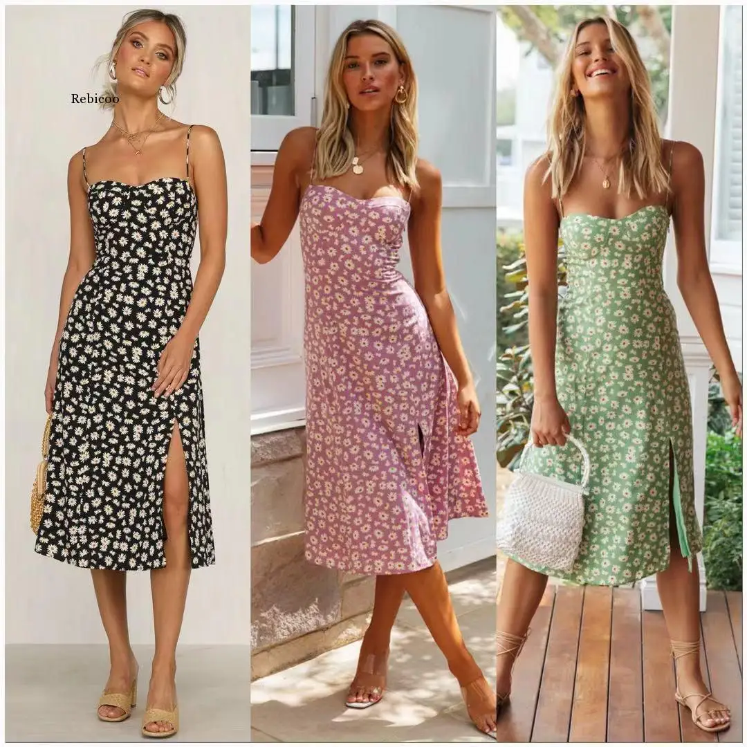 

Floral Summer Dress Women Spaghetti Straps Cowl Neck Prairie Chic Wrap Dress Long Side Split Pleats Print Sexy Dresses