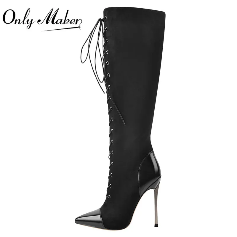 Onlymaker Women Pointed Toe Metal Heel Sexy Black Over The Knee Lace-Up Flock Stiletto High Side Zipper Winter Boots
