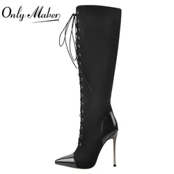 Onlymaker Women Pointed Toe  Metal Heel Sexy Black Over The Knee Lace-Up Flock Stiletto High Side Zipper  Winter Boots