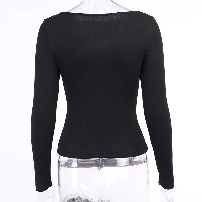 Autumn Women T-Shirt Hollow Out Solid Black White Long Sleeve Knitted Tee Tops Casual Slim O Neck 2024 Fashion T Shirt