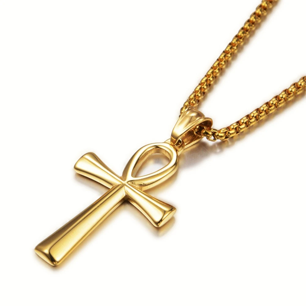 Egyptian Ankh Cross Necklaces Pendants Gold Color Stainless Steel Hieroglyphs Amulet Necklaces For Women Men Egypt Jewelry Gifts