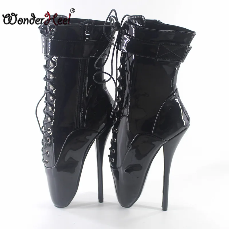 Wonderheel-حذاء بكعب عالٍ أسود لامع ، أحذية باليه مثيرة بكعب خنجر 18 سنتيمتر/7 بوصة ، دانتيل ، للبيع