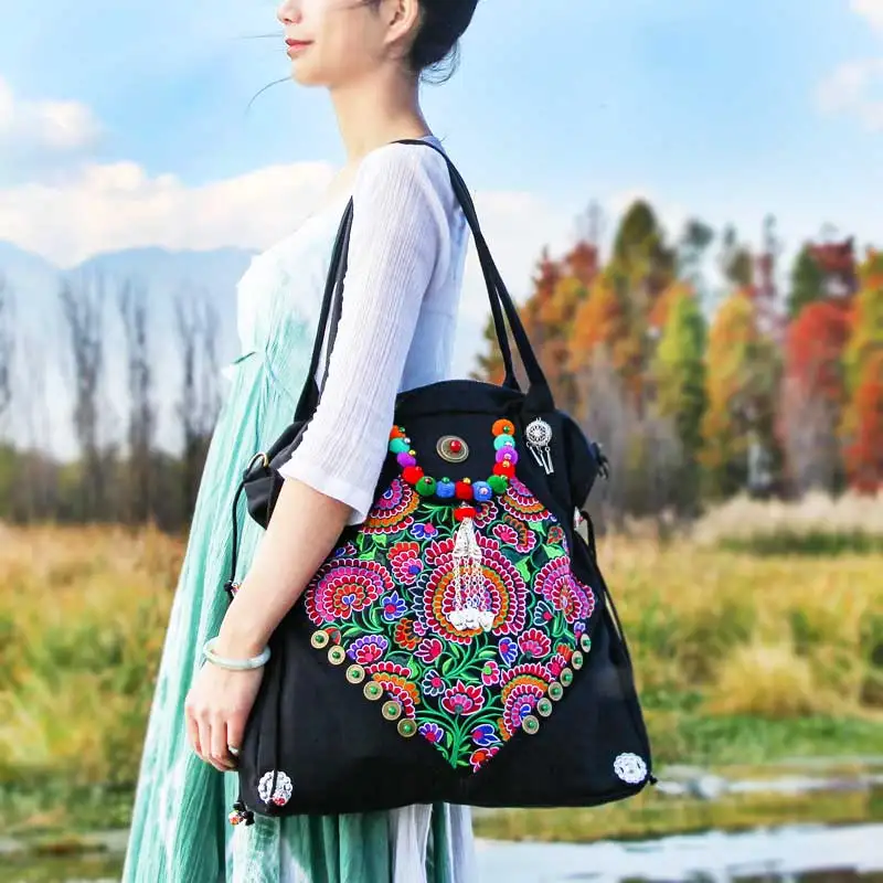 Bohemian Female bag Black thicken canvas bag Large size Shoulder bag Naxi.Hani handmade Ethnic embroidery women hanabags