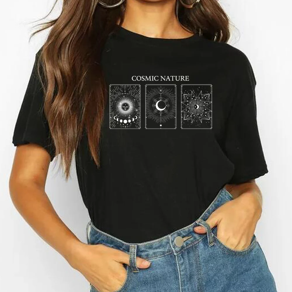 

Vintage Fashion Cosmic Nature T-Shirt Women Boho Style Celestial Sun And Moon Tee Casual Cute Aesthetic Tops