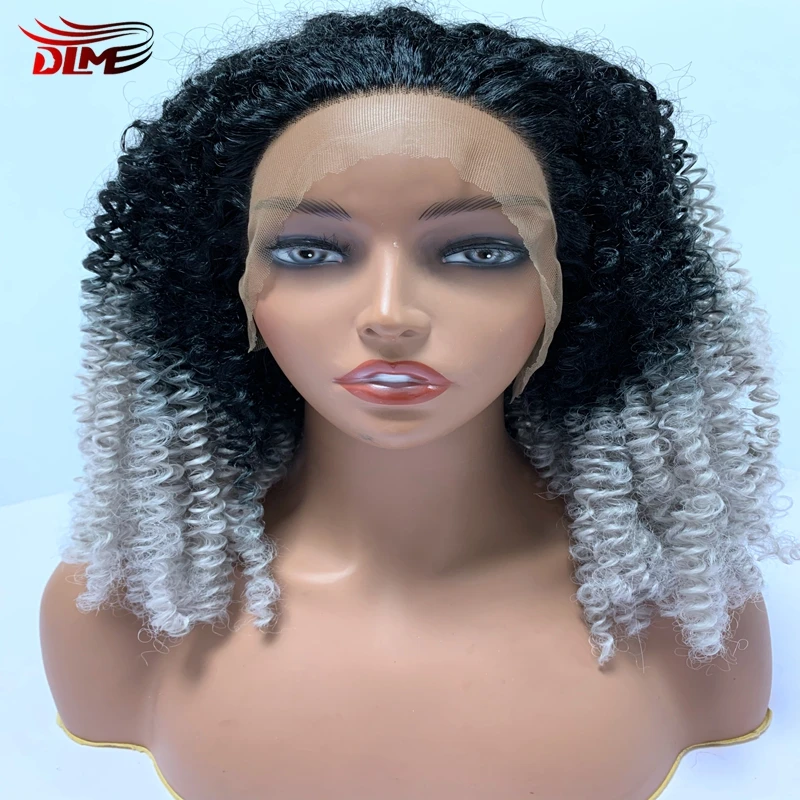 

DLME Kinky Curly Synthetic Wig Lace Front Wigs Ombre Brown Grey curly wig High Temperature Black Women Wig