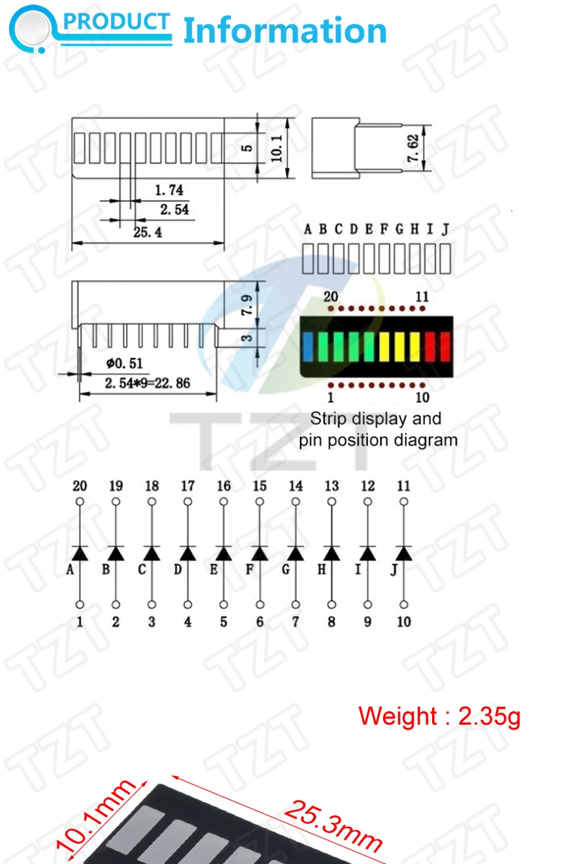 TZT 1/3/5 Stück 10-Gitter-Digital-Segment-LED-Lichtleiste, superhell, 2 rote + 3 gelbe + 4 grüne + 1 blaue Lichter, flache Röhre B10BRYGB – Detail 1