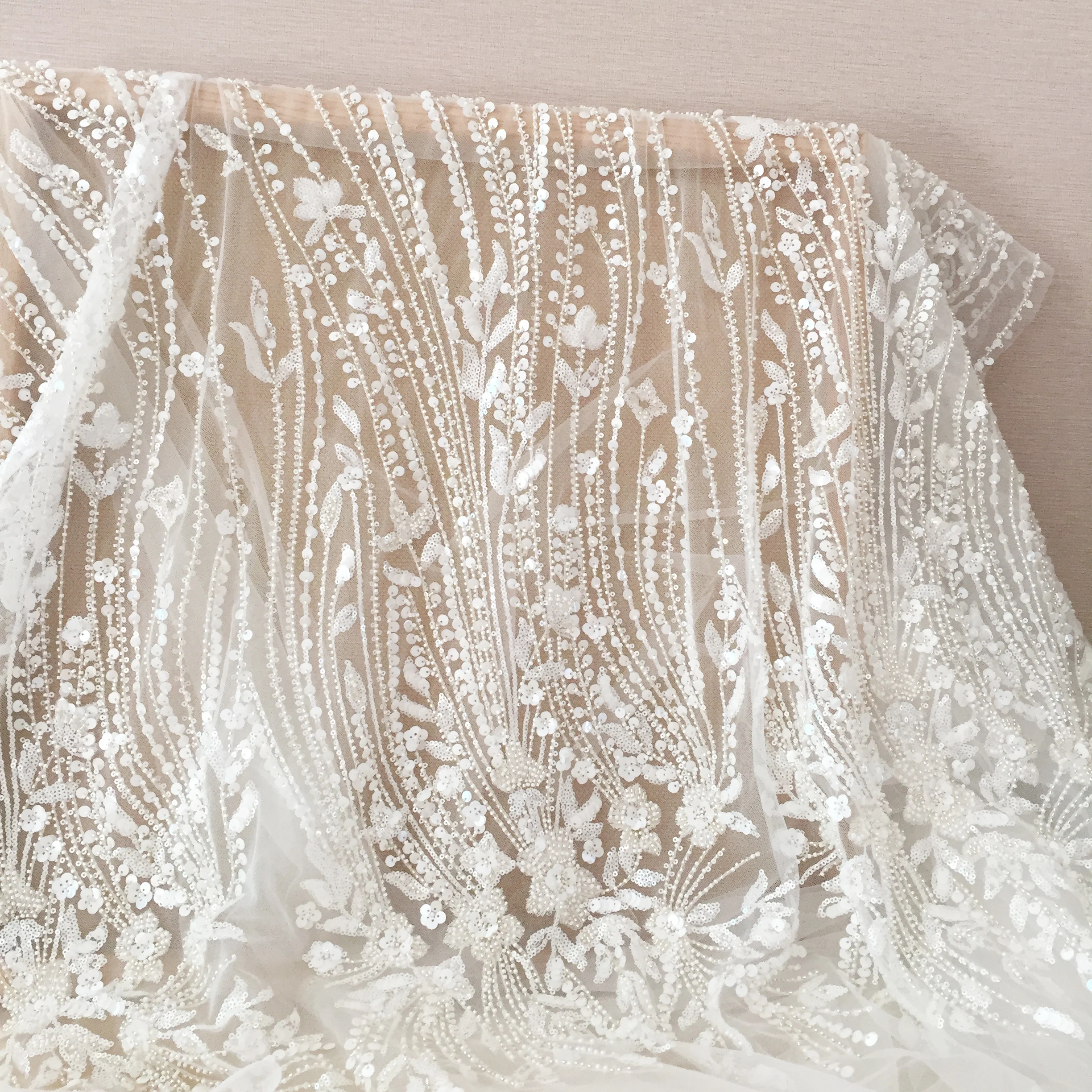 1 Yard 3D Ivory Beaded Geometric Stripe Haute Couture Tulle Lace Fabric ,Wedding Dress Bridal Gown Evening Clothes DIY