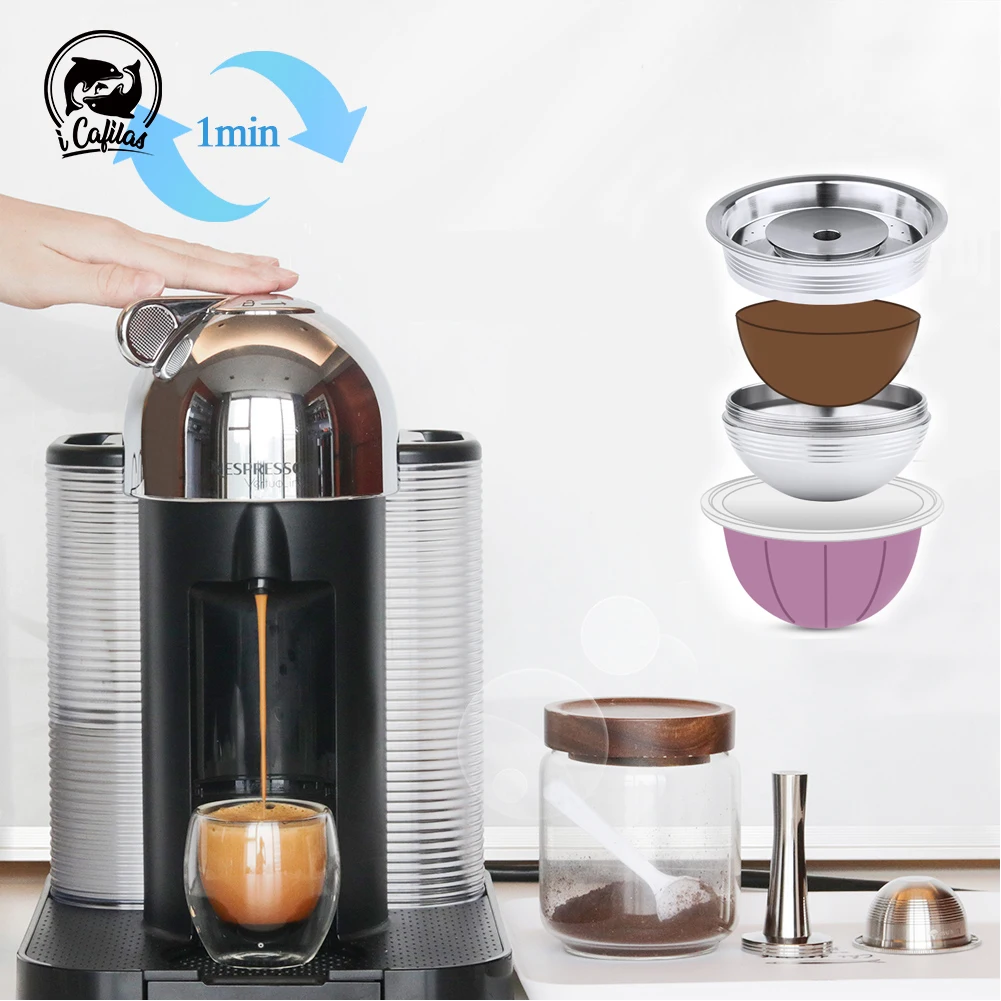 icafilas Coffee Filters For Nespresso Vertuoline GCA1 & Delonghi ENV135 Stainless Steel Refillable Coffee Capsule Pod Tamper