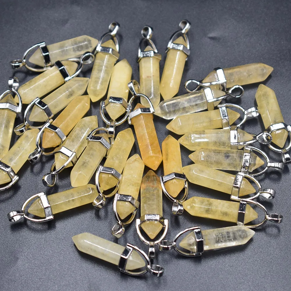 2023High quality assorted natural stone yellow Crystal pillar charms chakra Pendants & necklaces for making 24pcs/lot Wholesale