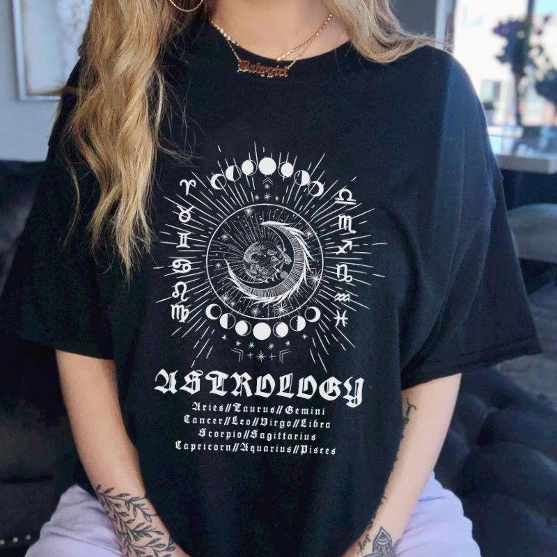 kuakuayu HJN Mystical Astrology Zodiac Signs Graphic Tshirt Women Vintage Boho Celestial Shirt Horoscope T-shirts Witch Top Tees