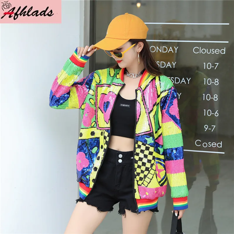 Autumn Long Sleeved Geometric Print Outerwear Jackets Women's Sequins New Korean Casual Loose Night Club Hip Hop Coats