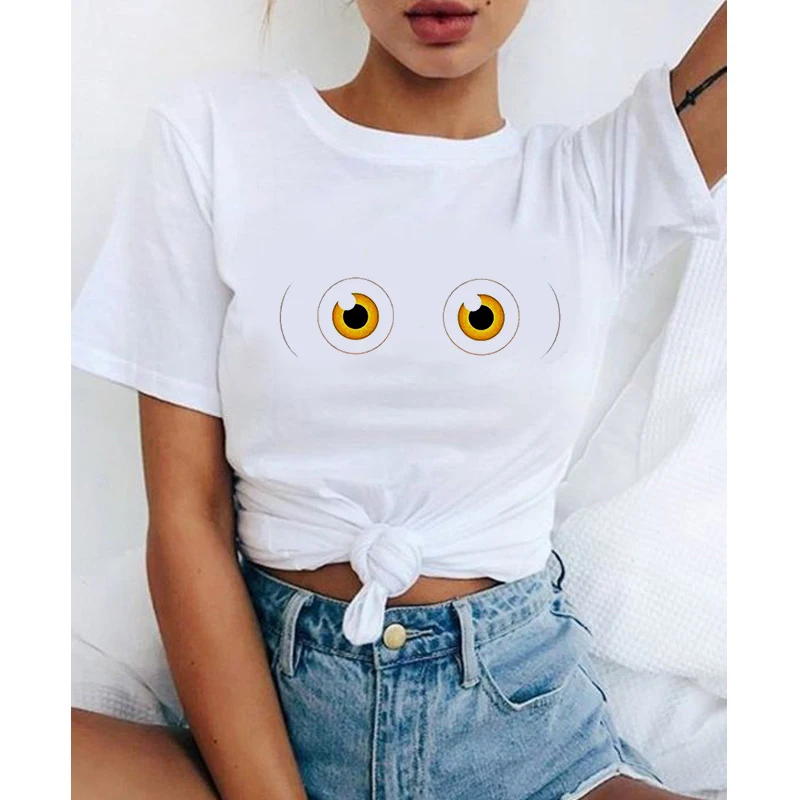 

Graphic tees tops Bright big eyes tshirts women funny t shirt white Tops casual short Print Camisetas Mujer T-Shirt