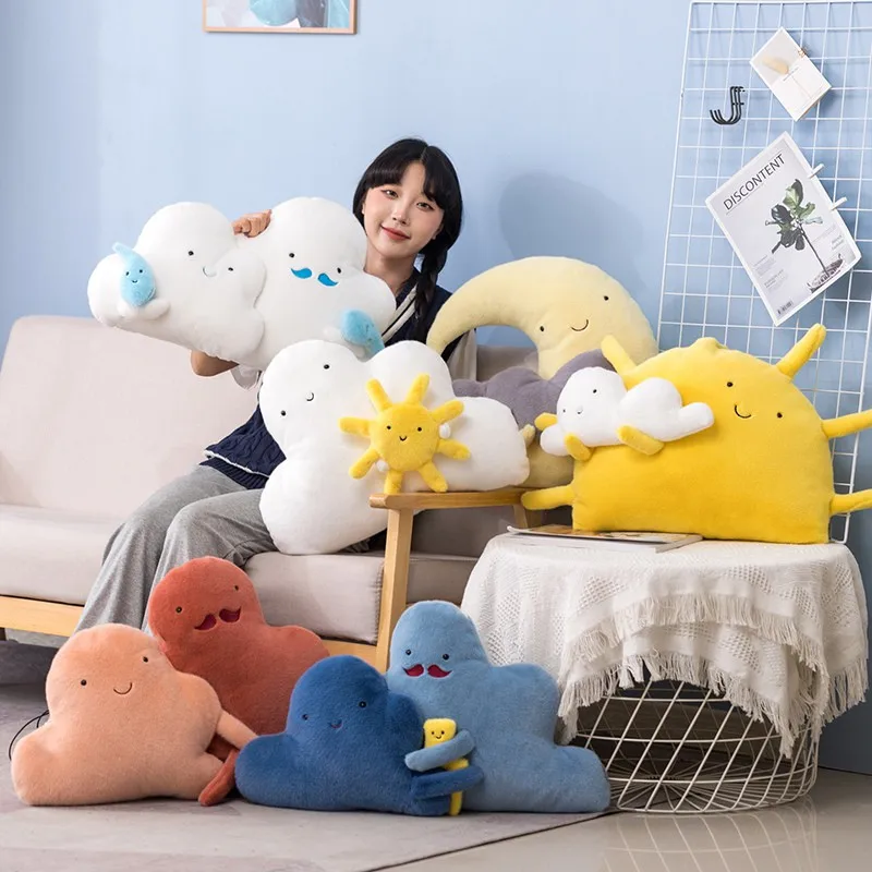 Almohadas de felpa larga con forma de luna y sol, cojín de asiento en forma de nube, decoración de silla de habitación, regalo de cumpleaños y Navidad, nuevo