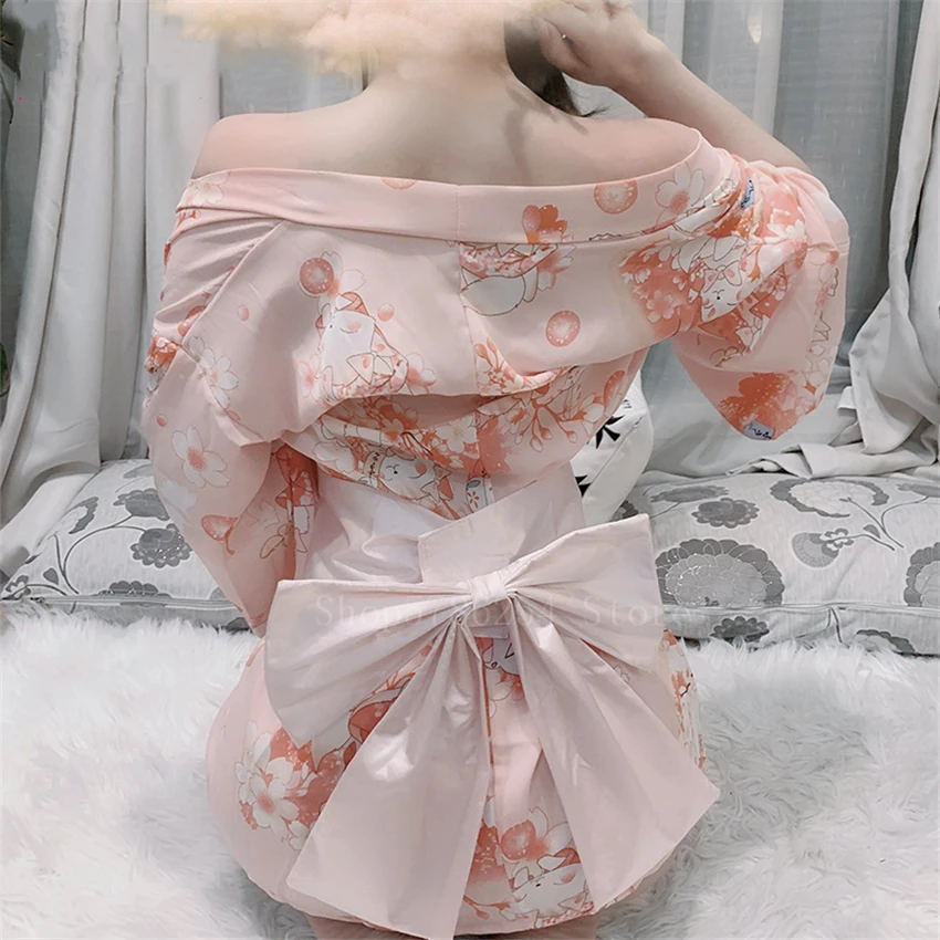 Sexy Woman Japanese Yukata Sleepwear Lovely Anime Printed Kimono Bathrobe Lady Elegant Short Chiffon Lingerie Nightgown