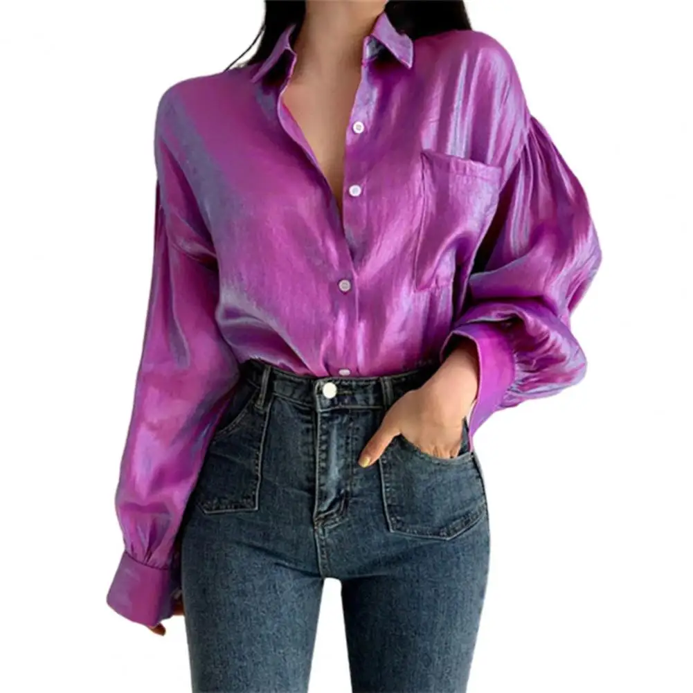 Loose Lady Shirt Patchwork Solid Color Turn-down Collar Women Blouse for Going Out