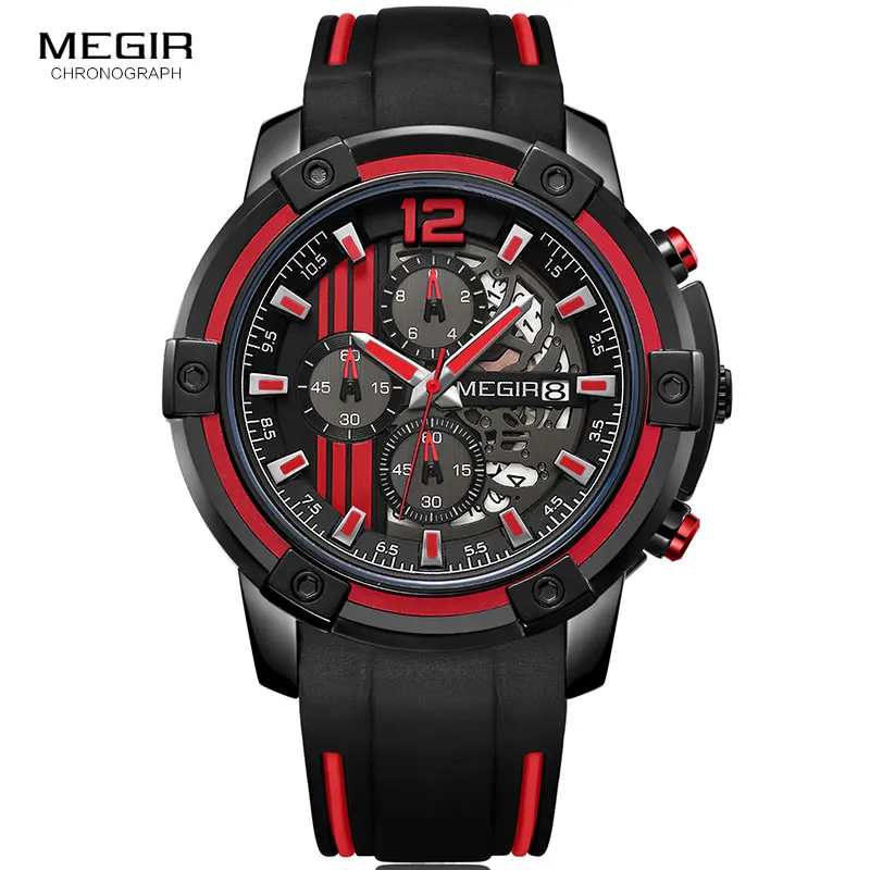 Megir Men\'s Sports Quartz Watches Army Military Chronograph Wristwatch for Man Luminous Relogios Masculino Clock  2097 Black Red