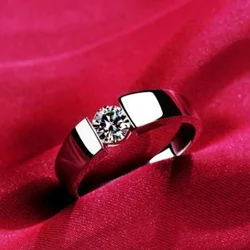 Silver 925 Rings for Men 1.0ct Round Cut Zirconia Diamond Solitaire Ring Wedding Band Engagement Bridegroo