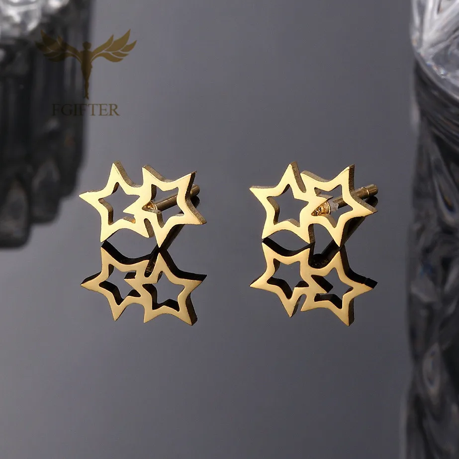 Golden Surgical Steel Earrings 2 Hollow Stars Earring Set 24 PCs Small Ear Stud Fashion Jewelry Men Women Accessory Wholesale