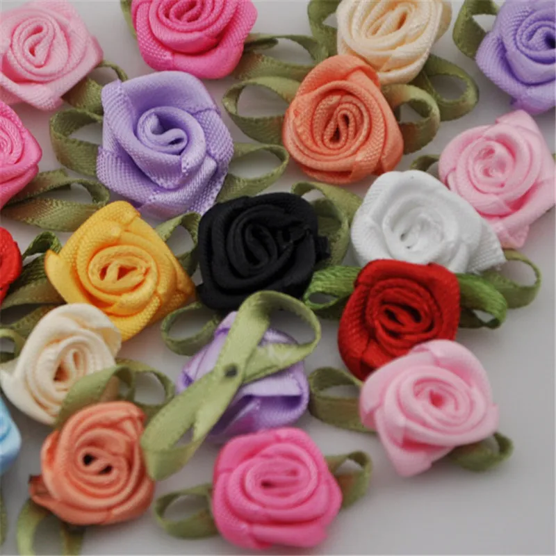 50pcs Mix color ribbon rose handmade flowers garment supplies sewing appliques diy accessories wedding decoration A039