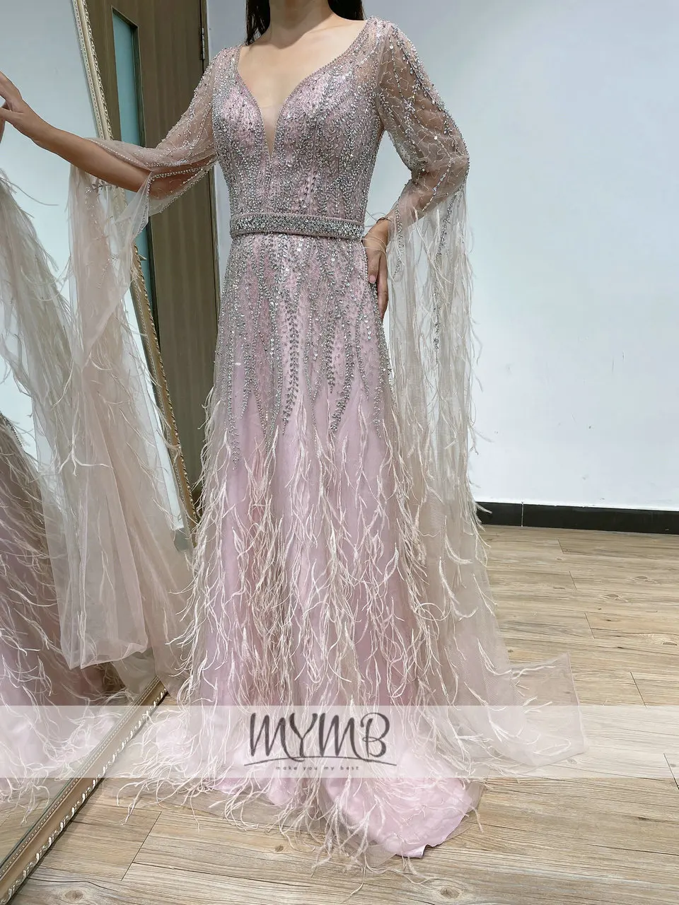 Luxury Extra Long Sleeve To Floor Custom Made Evening Dress MYMB 2022 New Collection A Line Wedding Party Feather Evening Gown