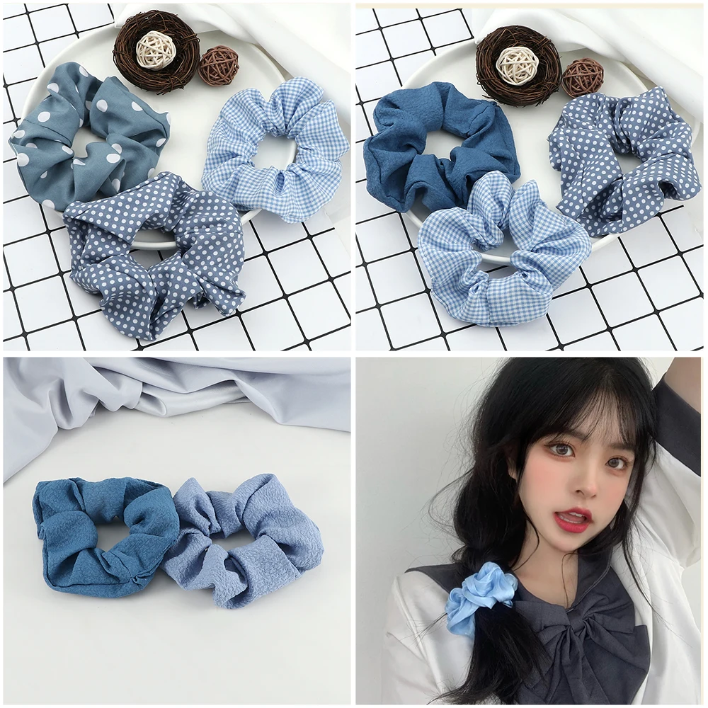 3Pcs Sweet Blue Series Romantic Hair Rope Striped Printed Mesh Scrunchie Women Girl Handmade Elastic Wavelet Point Silk Hair Tie