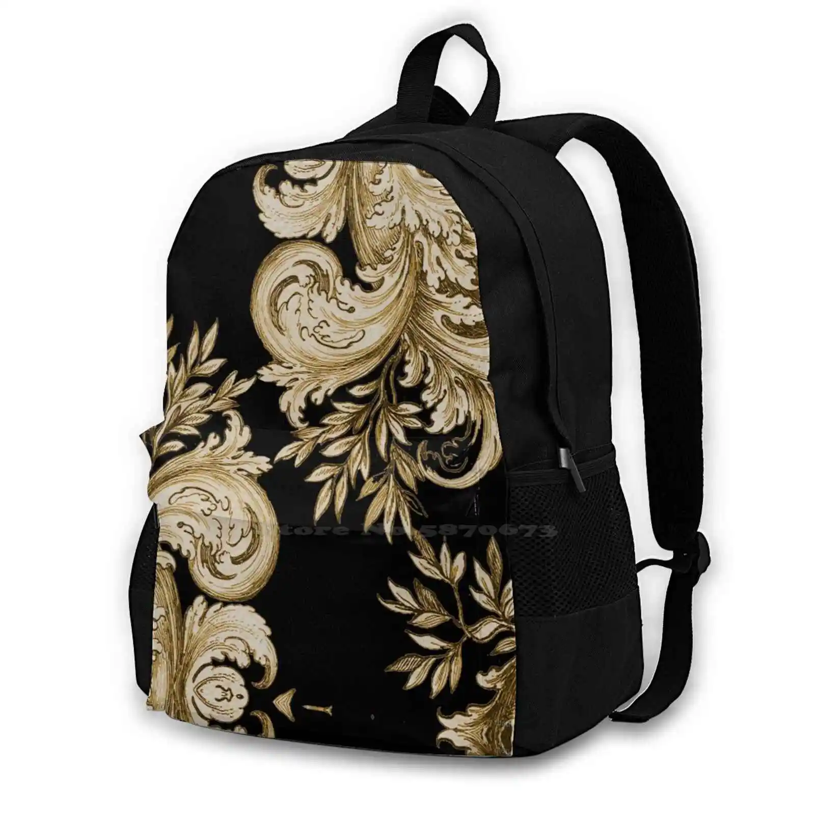 Gold On Black Swirl School Bags For Teenage Girls Laptop Travel Bags Gold Black Vintage Swirl Baroque Rococo Engraving Elegant