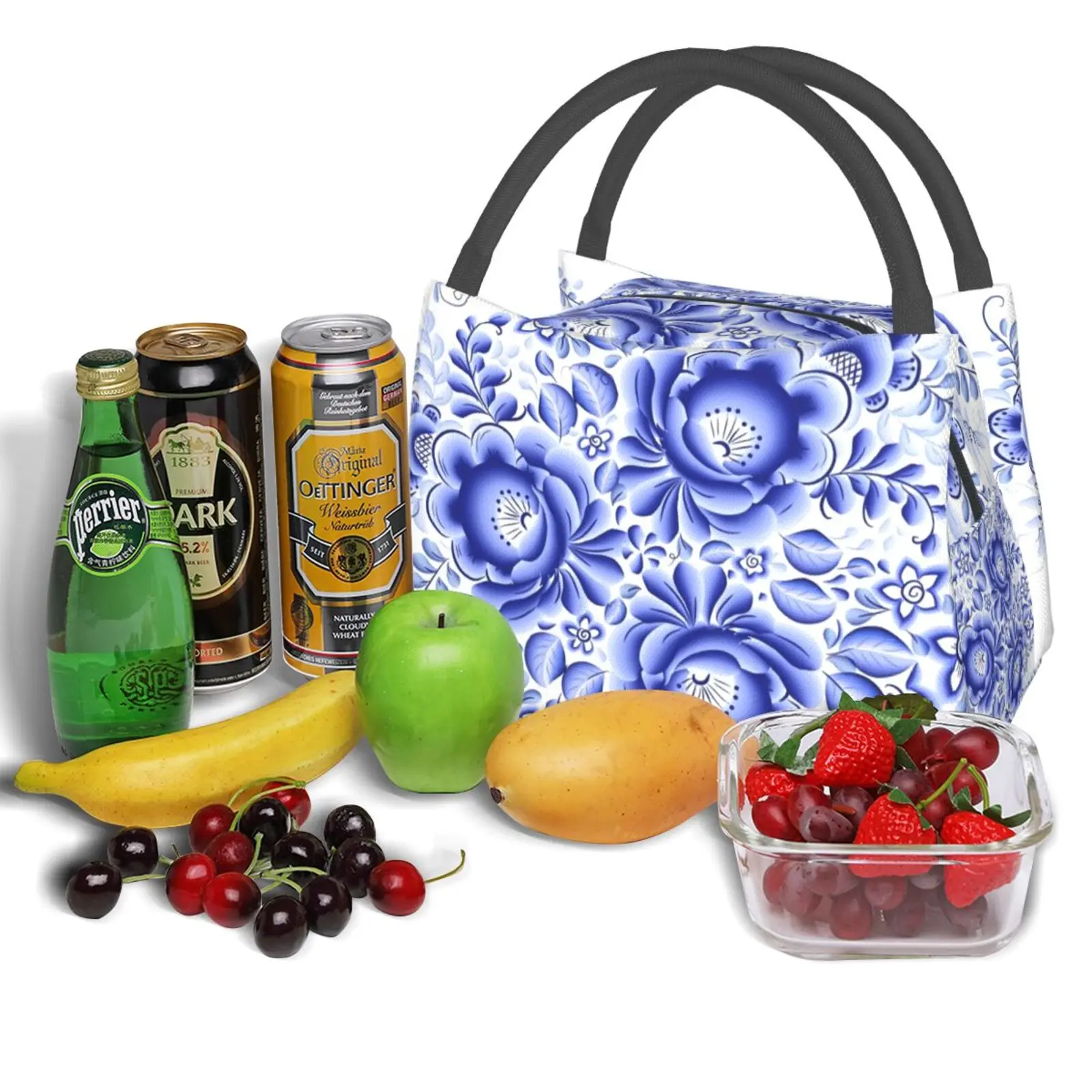 Bolsa de aislamiento portátil, diseño Floral azul en flor azul decorativa de estilo ruso Gzhel