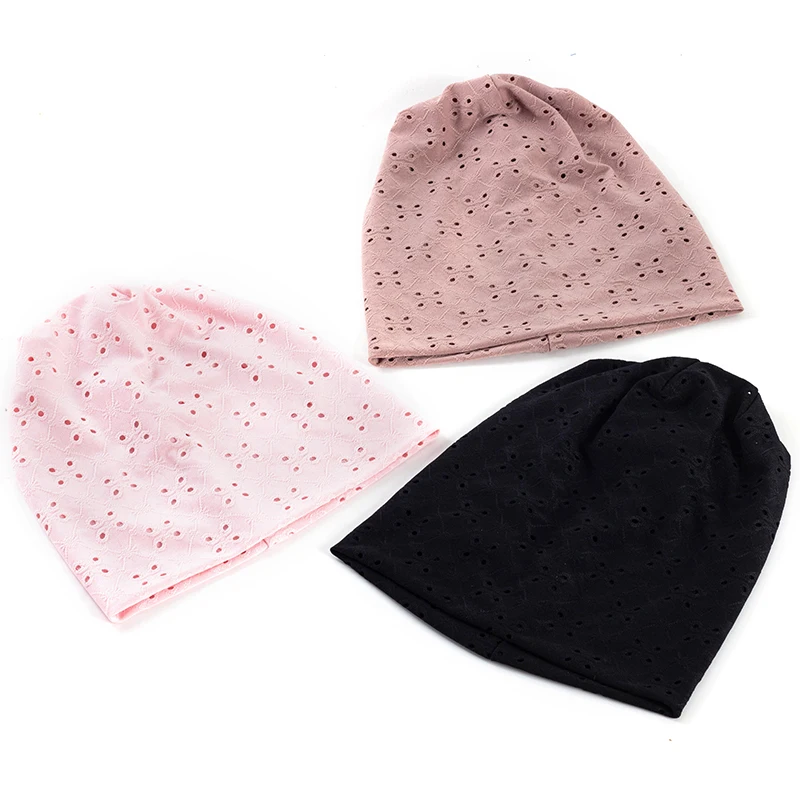 Geebro New Summer Hollow Design Breathable Women Beanie Soild Color Dot Hollow Hat  For Female  Plain Cap