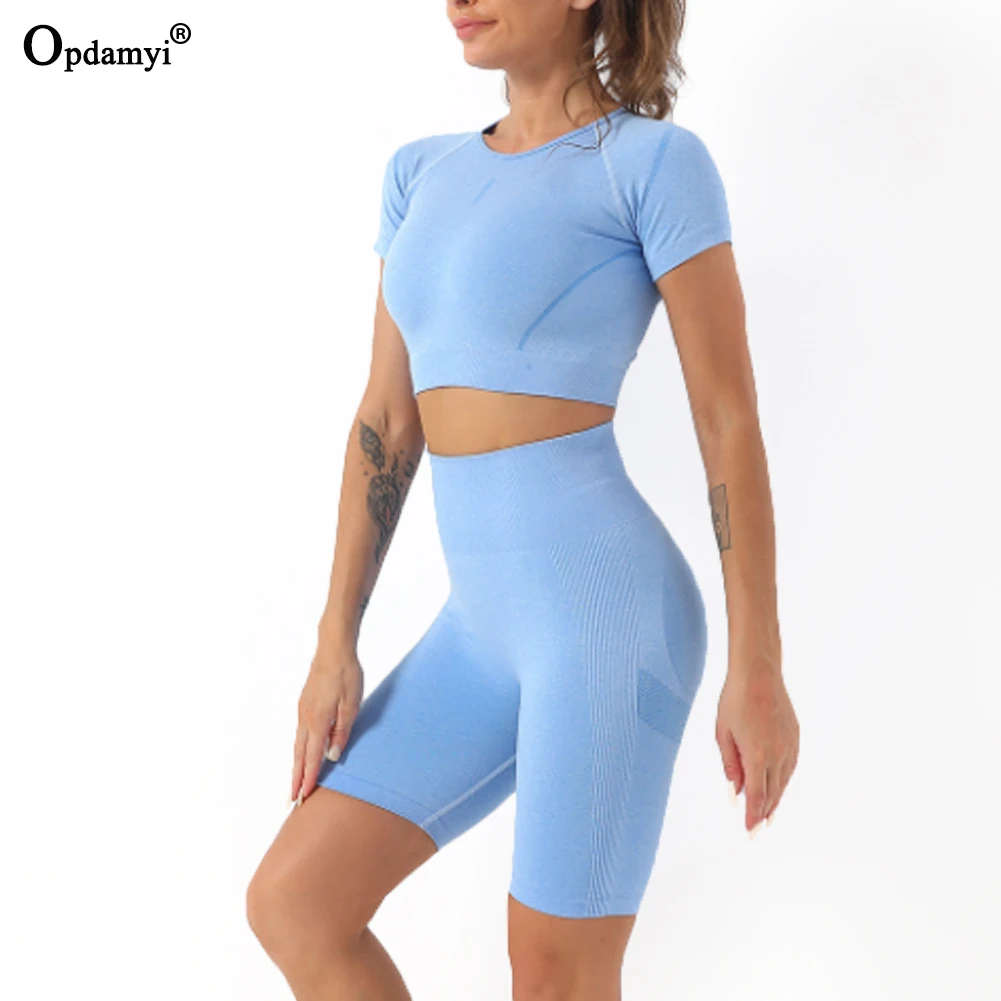 

2021New Seamless Yoga Set Women 2 Piece Sport Set Gym Workout Clothing Short Sleeve Fitness Crop Top And Shorts Outfit For Women