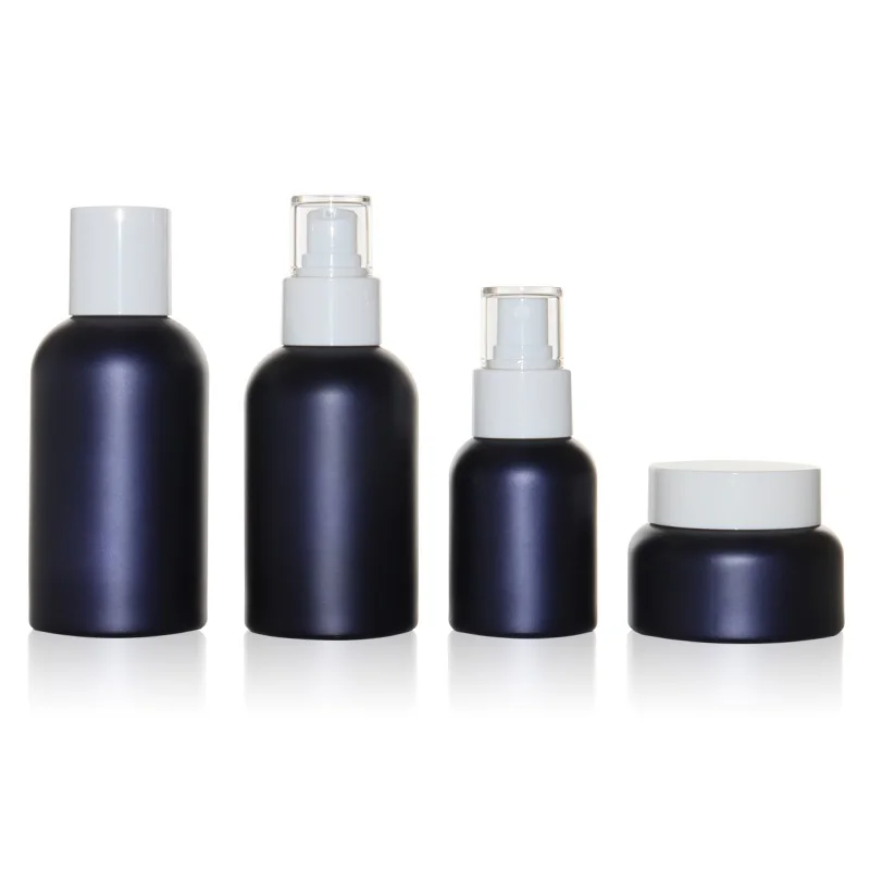 

8Pcs Empty Bottle Lotion Matte Dark Blue 50g 40/100/120ML Glass Cream Jar Cosmetic Plug Refillable Mist Spray Cosmetic Bottles