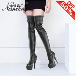 Spring Hot sale Patent leather Round toe Thick platform Over the knee Boots 6 inches Gothic Concise 15cm High heels Pole dancing