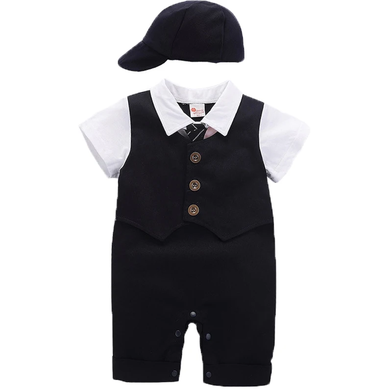 Baby Boy Clothes Roupa Infantil Romper Cotton Gentleman Baptism Rompers + Hat 2pcs Newborn Clothes Set Uniforms Baby Body Suits