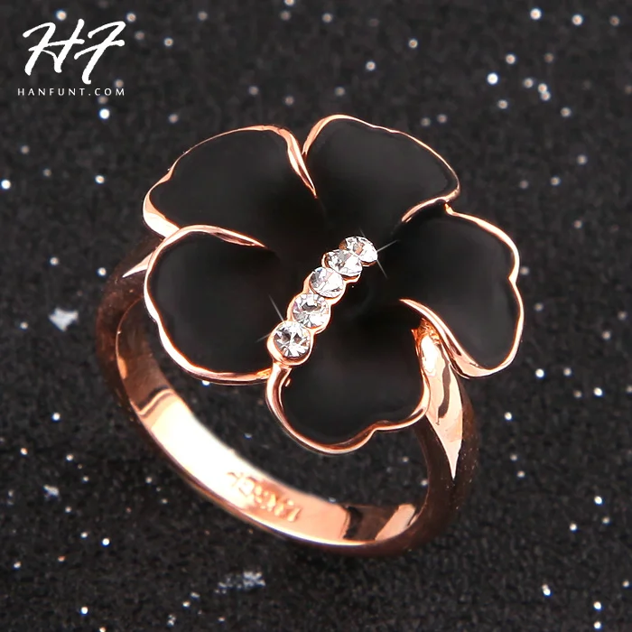 Top Quality Black Camellia Ring Rose Gold Color Austrian Crystals Full Sizes HotSale R099 R263