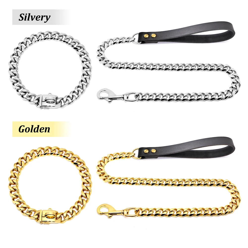 Stainless Steel Metal Gold Dog Accessories Chain Collar Leash Pet Training Collar For Medium Large Dogs Pitbull French Bulldog