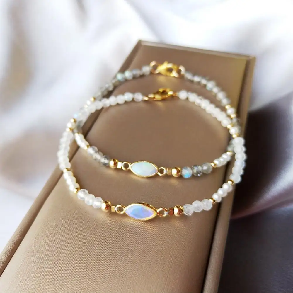 

Lii Ji Labradorite Moonstone Freshwater Pearl 9K Yellow Gold Australian White Opal Charm US 14K GF Chain Tiny Bracelet 1 pcs