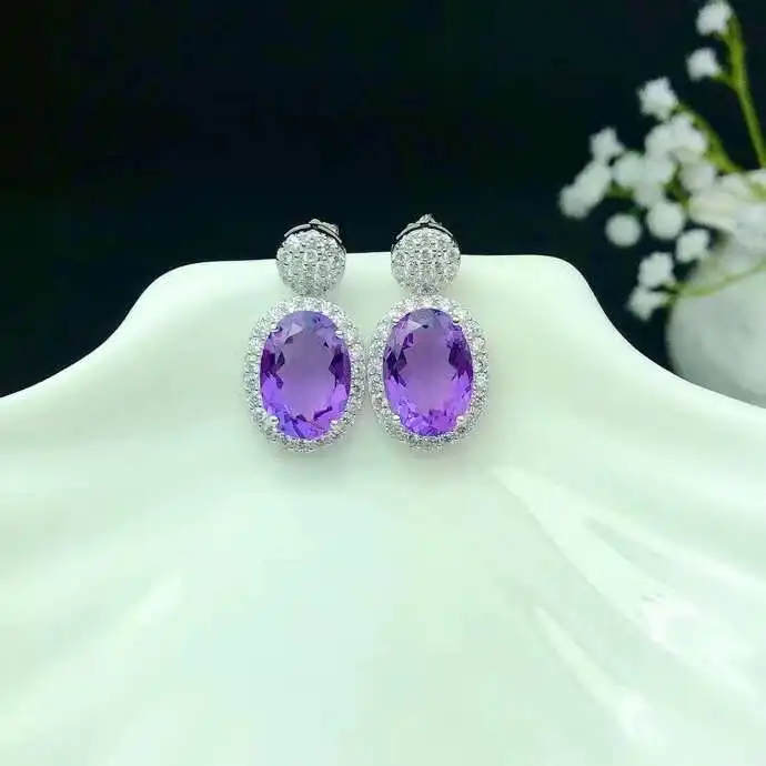 Elegant Amethyst Stud Earrings for Party 10mm*14mm VVS Grade Natural Amethyst Silver Earrings 925 Silver Amethyst Jewelry