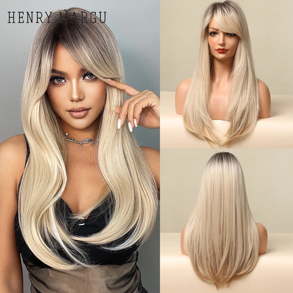 HENRY MARGU Ombre Brown Platinum Blonde Long Straight Wig Natural Daily Lolita Synthetic Wig with Bangs for Women Heat Resistant