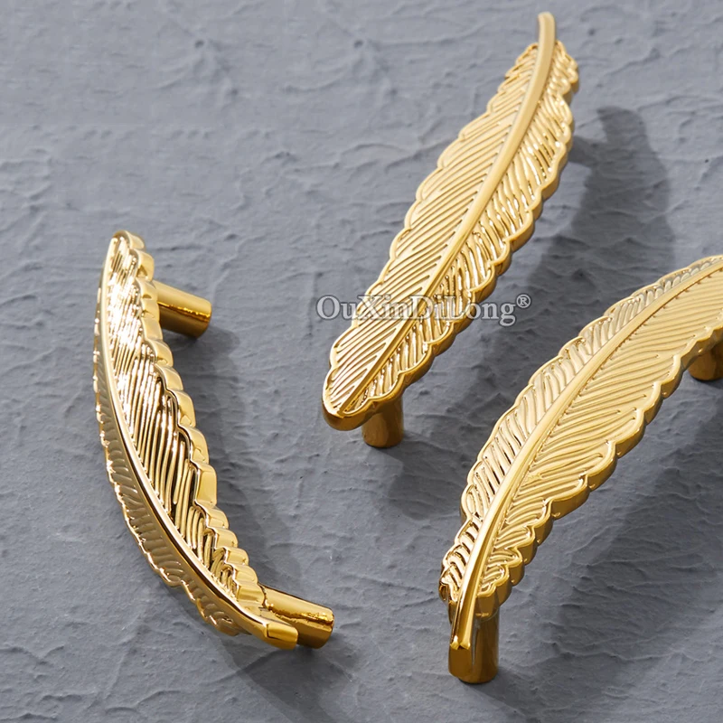 Luxury 6PCS Solid Brass Gold Feather Design Furniture Handles Drawer Pulls Cupboard Wardrobe Closet Dresser Cabinet Pulls Pens