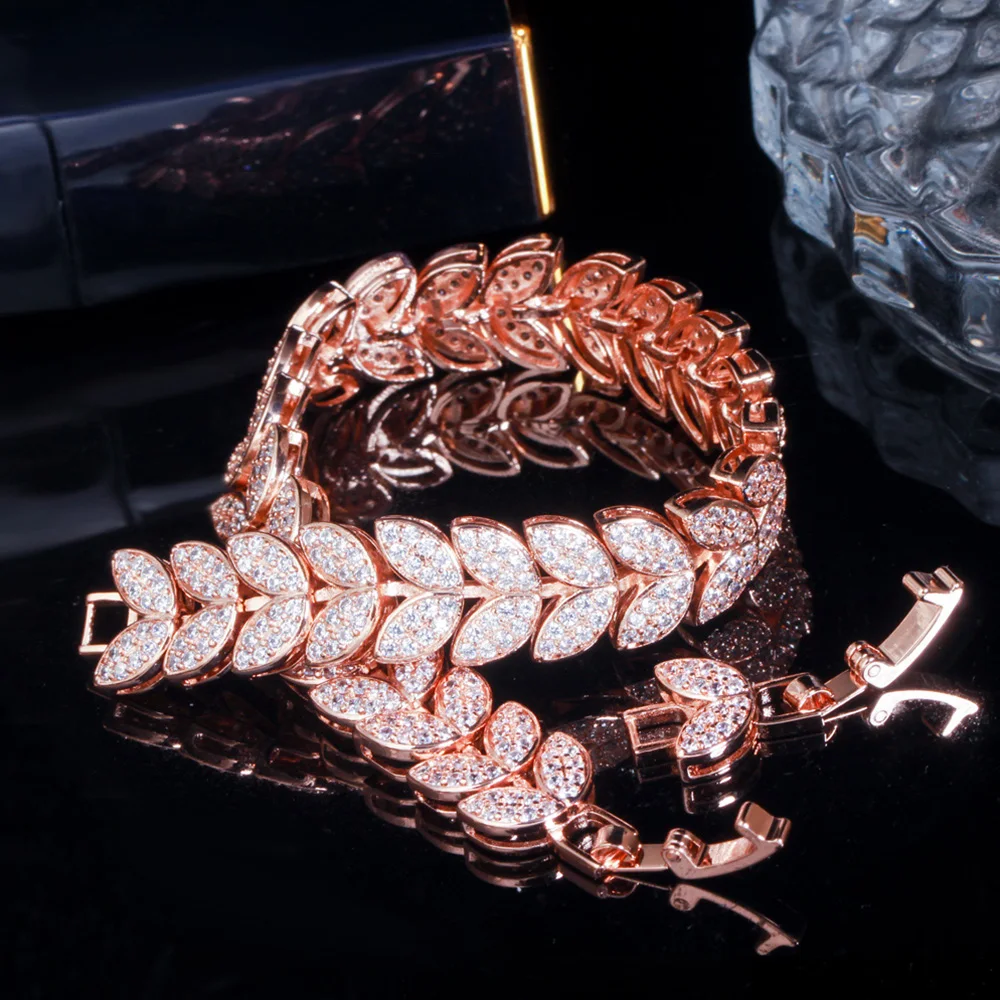 Pera Elegant Micro Full 585 Rose Gold Color CZ Zircon Pave Leaf Link Chain Bracelet for Women Fashion Wedding Party Jewelry B202