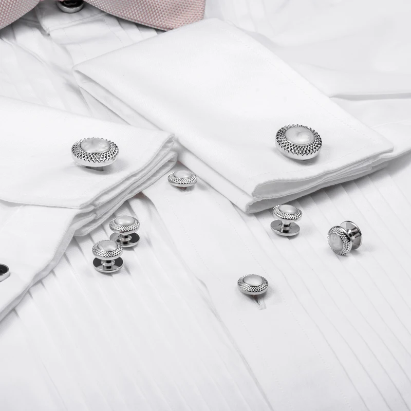 HAWSON Silver Plated Opal Shell Inlay Cufflinks And Shirt Studs Set Men Formal Wedding Tuxedo Dress Shirt Accessories view 4