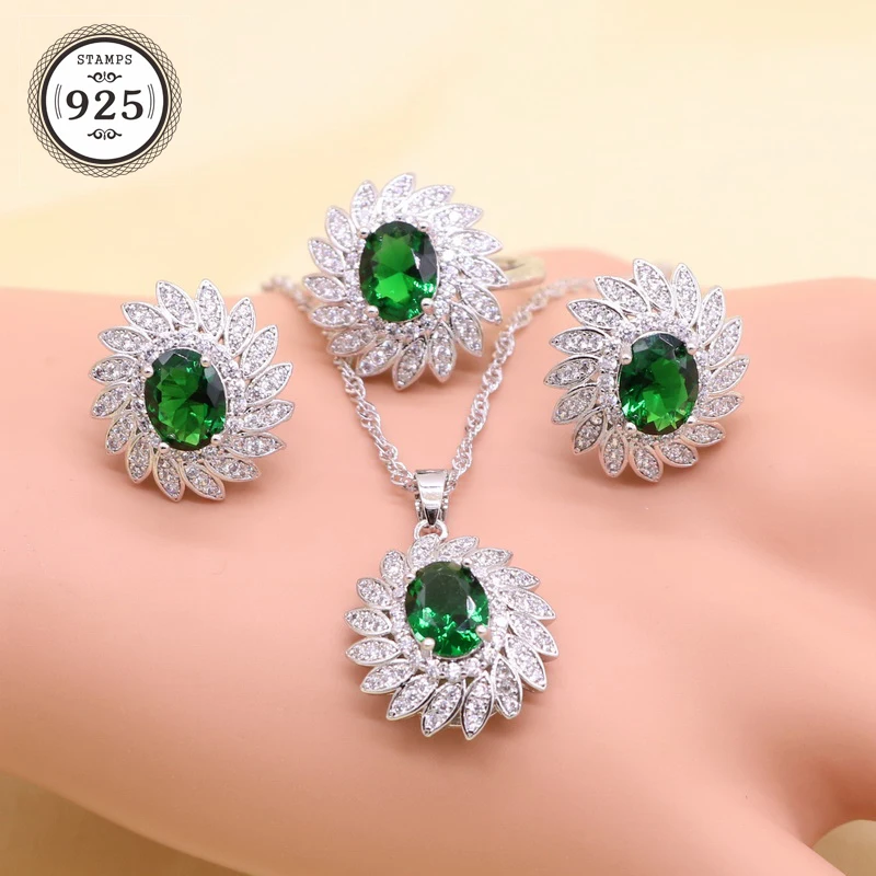 Green Imitated Emerald Crystal White Zirconia Silver color Bridal Jewelry Sets For Women Necklace Pendant Earrings Ring Bracelet