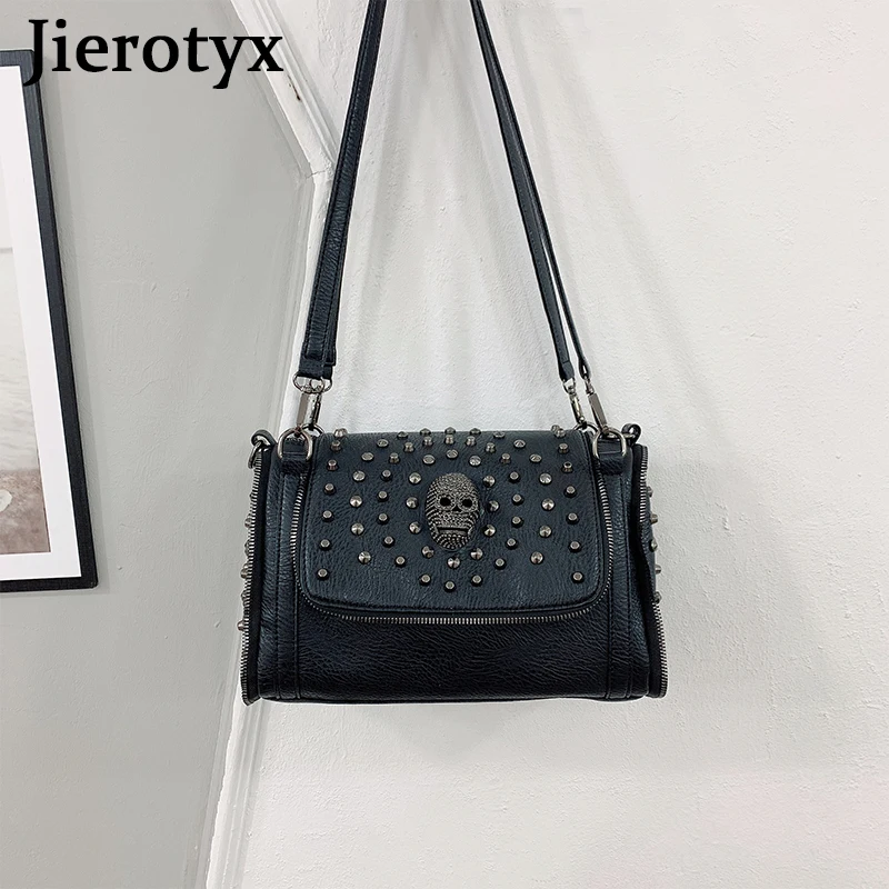 JIEROTYX Sexy Rivet Shoulder Bags Female Luxury Designer Punk Skull Gothic Style Womens Handbags Large Capacity Messenger Bags