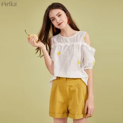ARTKA 2020 Summer New Blouse Women Fashion Print White Chiffon Shirt Off Shoulder Blouse Loose Short Sleeve Lace Shirt SA20205C