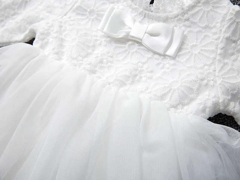 Princess Flowers Newborn Baby Girl Dress Long Sleeve Gauze Lace Party Dress White Girls Dresses + Hats