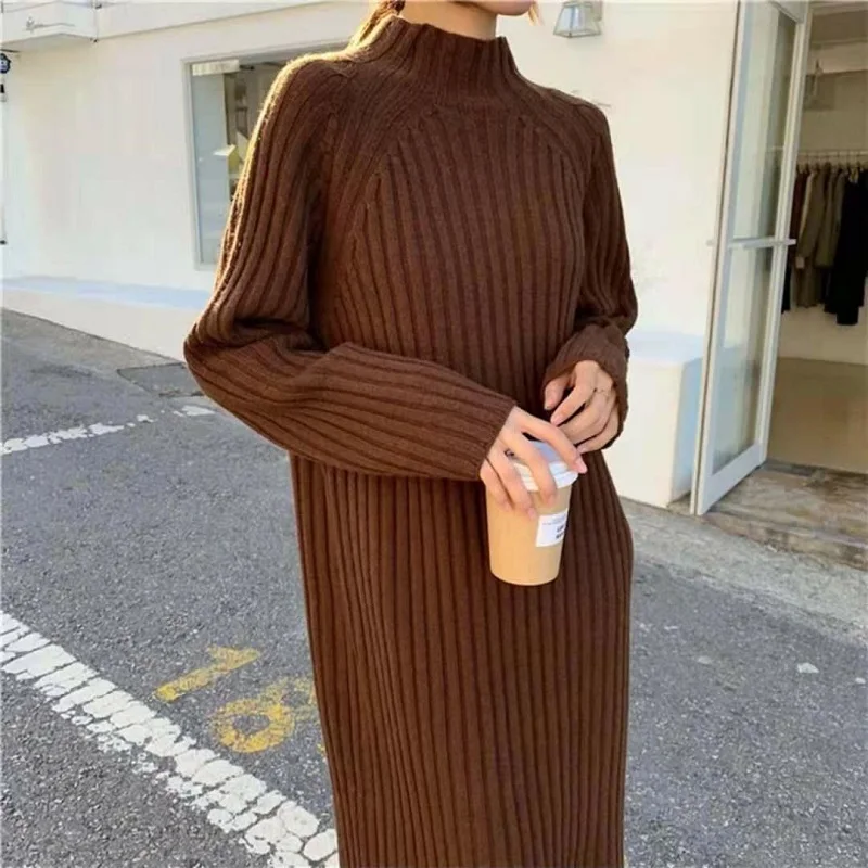 Woman's SweaterDress Knit Basics Half-high Mock Neck Mid-Calf Solid Elastic Stretch Sheath Loose Casual Office Lady Chic Elegant