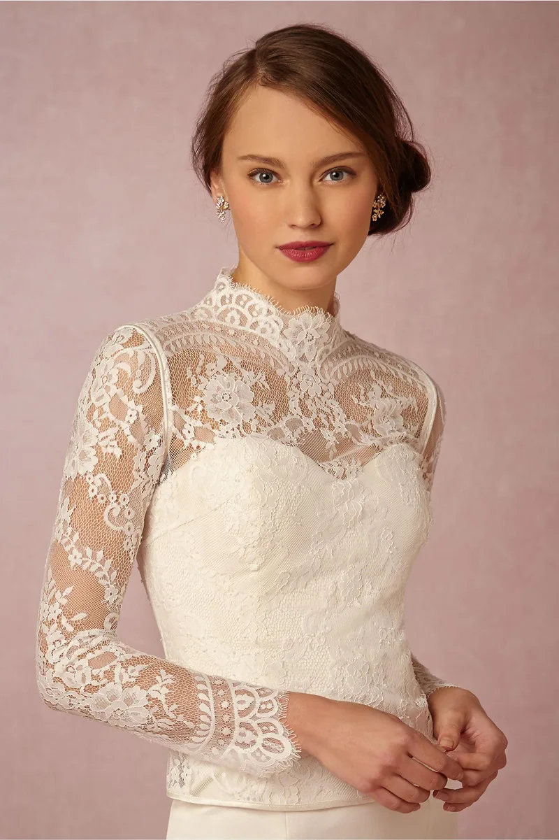 GOHYPDUG High Neck Bridal Wraps Long Sleeve Wedding Lace Applique Jackets Cheap Bridal Jacket Bolero Jacket Plus Size