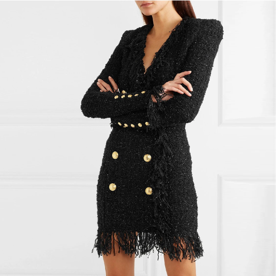 S-XXL high quality new fashion bright silk wool tassel lace double row metal button long sleeve V-neck dress black and white